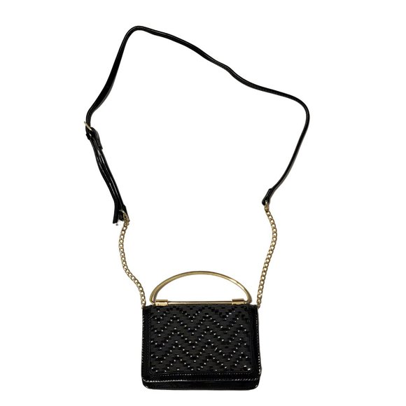 BCBGeneration Shiny Black Evening/Clutch Purse with Strap & Gold Metal Handle - Picture 1 of 10